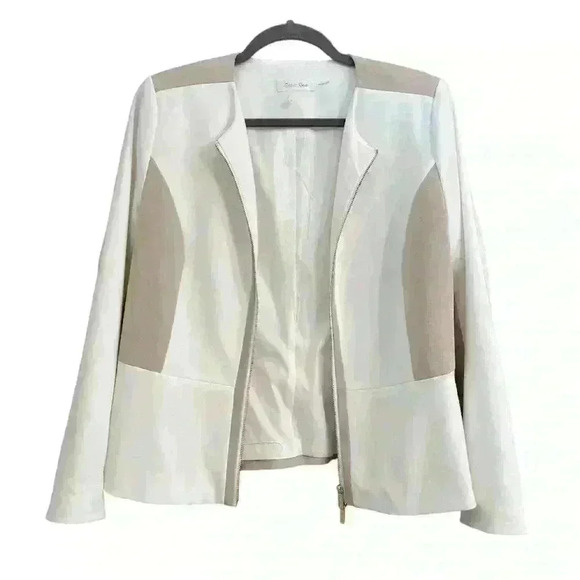 Calvin Klein Cream and White Blazer with Gold Dual Zipper, Size 8, Medium - Picture 2 of 8